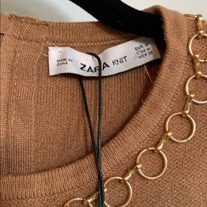 Zara Brown Knit Top with Gold Chain Detail